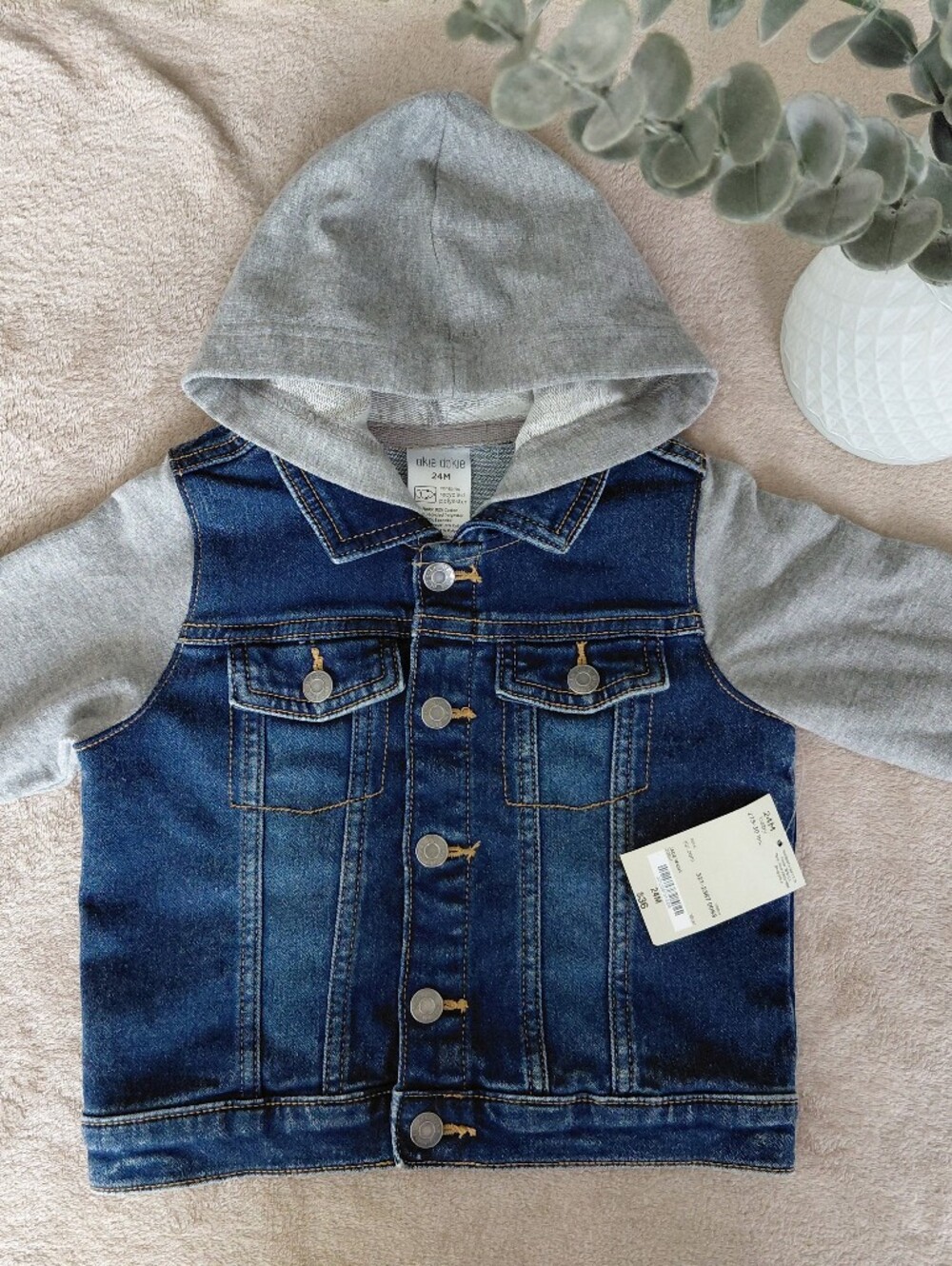 NWT okie dokie Blue Denim Jacket with Grey Hooded Lining 24m